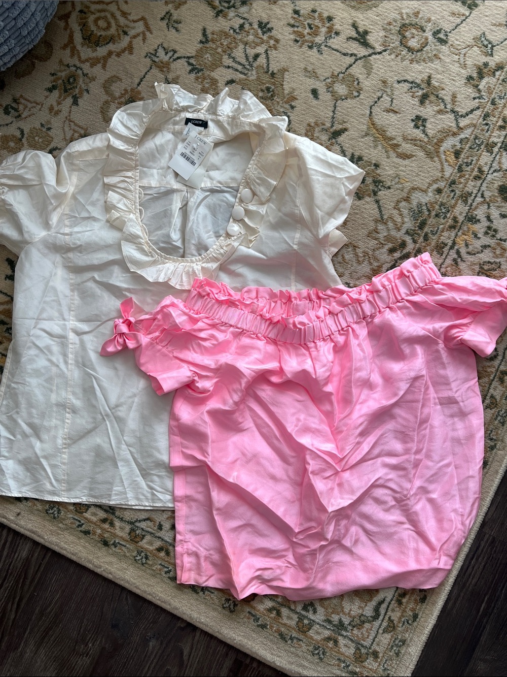 J. Crew White Ruffle Blouse with Pink Off-Shoulder Top silk 6 00